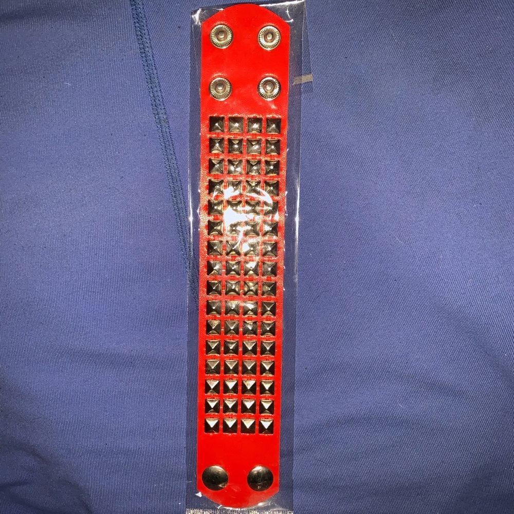 Red Leather Studded Bracelet - Picture 2 of 6